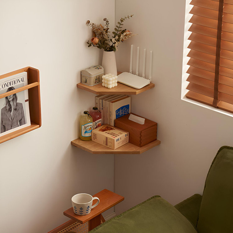 Solid Oak Corner Shelf | Wall-Mounted Floating Storage Unit, 0.7" H x 8.66" W x 8.66" D