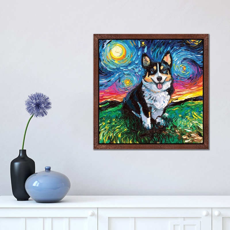 Tri-Color Corgi Night by Aja Trier - Floater Frame Painting on Canvas, Brown Framed, 66.04 cm H x 66.04 cm W