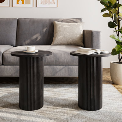 Pedestal Wood Round End Table Set Drum Side Table (Set of 2)