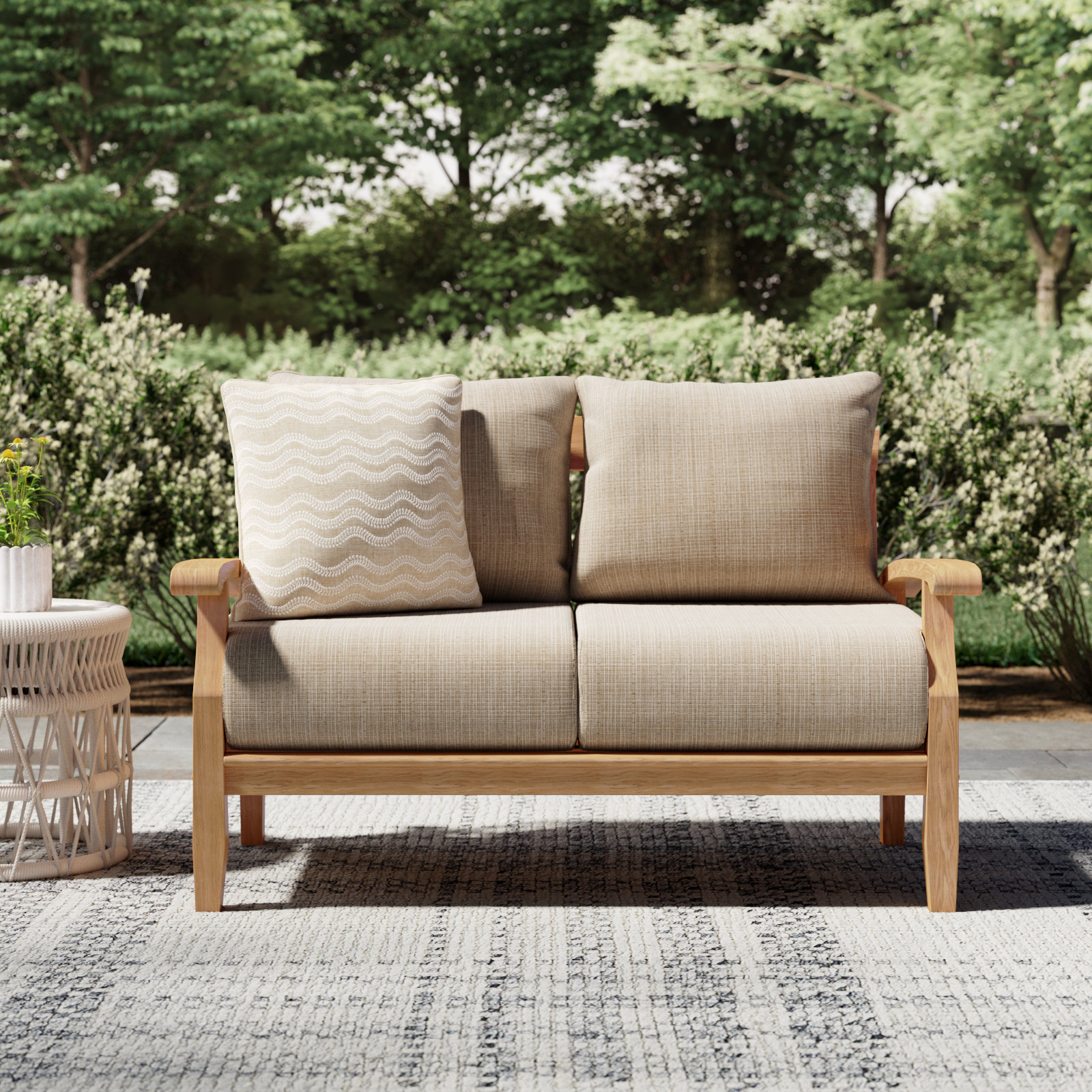 Summerton 54.25'' Wide Rectangle Teak Loveseat with Cushions, Beige, Natural