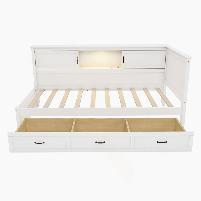 L-Shaped Bed Frame with Drawer and and Bookcase,Corner Bed Wooden Captain Bed, Full/Double