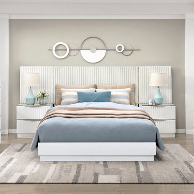 Luxurious Pearl White Finish 5pc King Wall Bed Set Soft Upholstery Headboard Panel Glam Bedroom Furniture