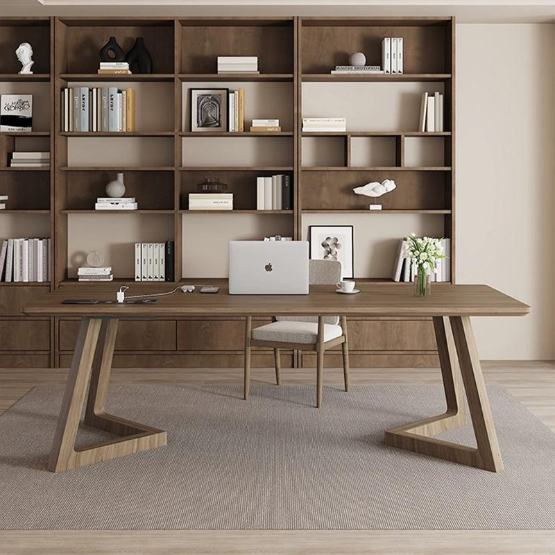 Tan Rectangular Solid Wood desk, 29.53" H x 70.87" W x 31.5" D 