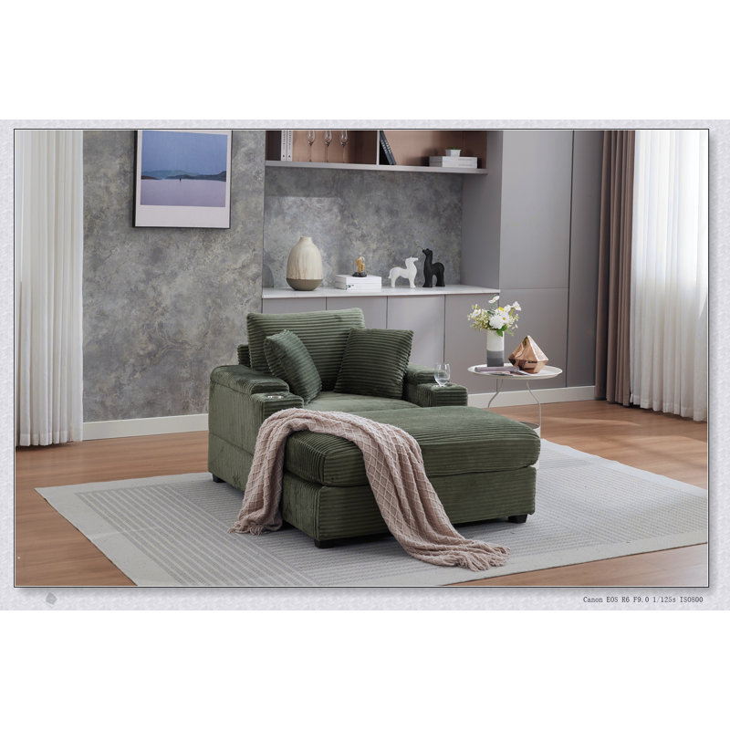 Canapé rembourré en velours côtelé avec rangement pour main courante, repose-pieds mobile, porte-gobelets et coussins amovibles