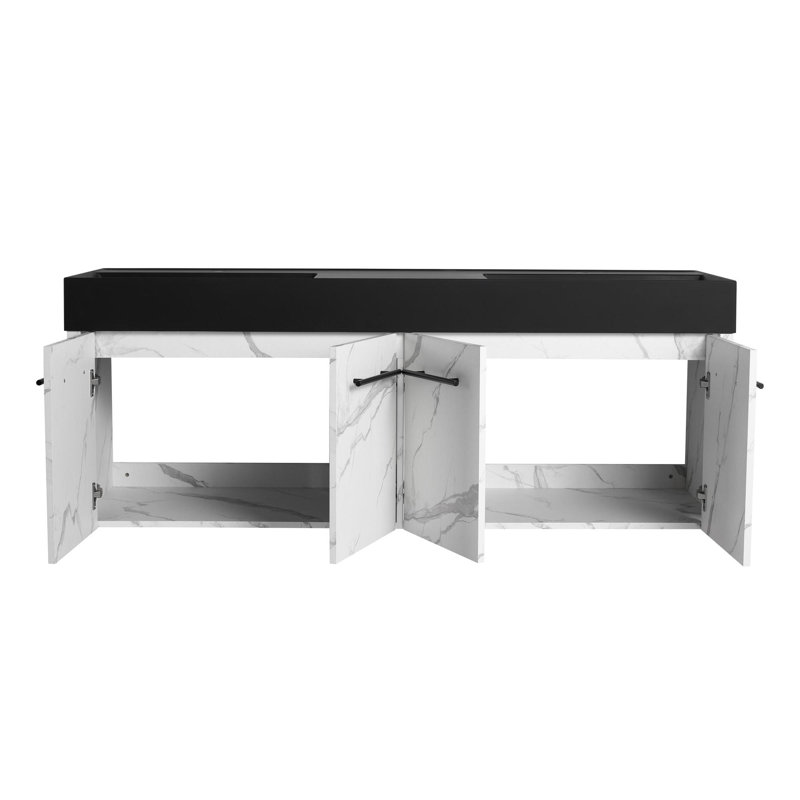 Meuble-lavabo mural 60 po avec lavabo, lavabo en résine noire à double rebord épais, ensemble KD, Blanc, Noir