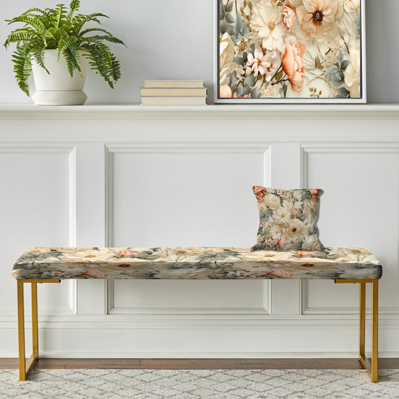 Upholstered Gold Bench, Beige Vintage Country House Flower Harmony II