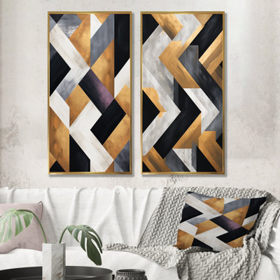 Black And Gold Geometric Tiles II - Abstract Geometric Canvas Wall Art Set Of 2
