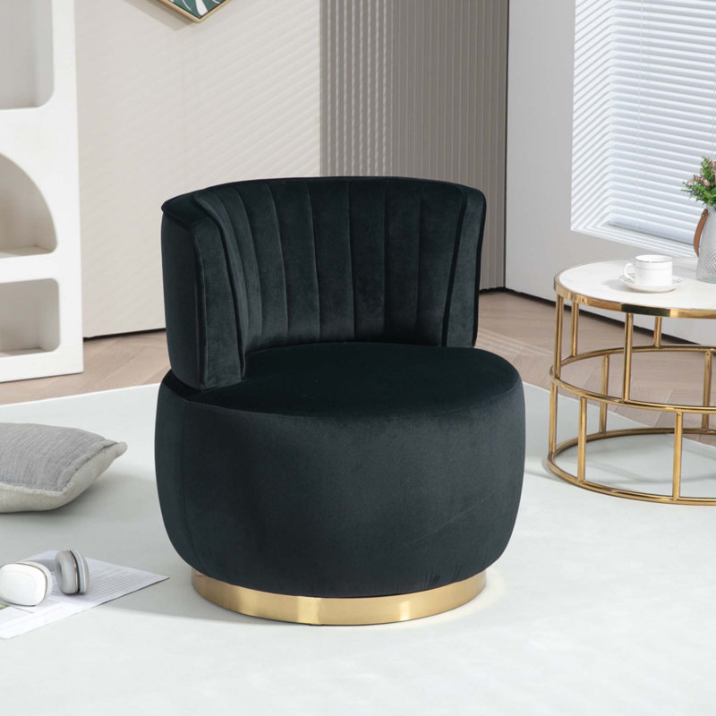 Alphonsine Upholstered Swivel Barrel Chair, Black Velvet