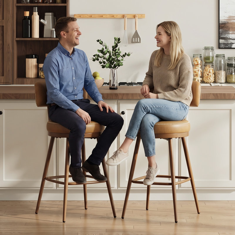 Swivel Upholstered and Steel Counter Stool with Solid Wood Frame, Brun