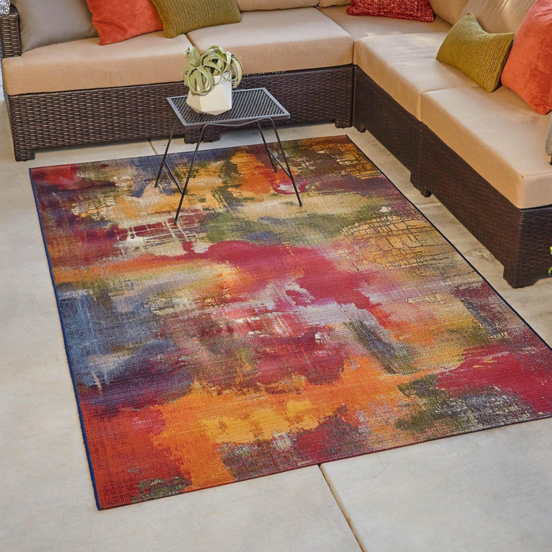 Tapis d'intérieur / extérieur vert / bleu à motif abstrait Trona, Rectangle 8 p x 11 pi 4 po