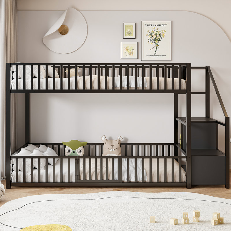 Metal Bunk Bed With Storage Staircase, Black