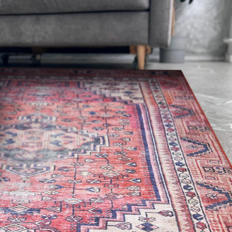 Tapis rouge à motif tissé rétro, Rectangle 3 pi 10 po x 5 pi 3 po