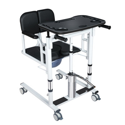 Adjustable Height Hydraulic Patient Lift Transfer Chair, 180° Split PU Seat, Portable Nursing Wheelchair with Commode & Tray for Elderly Home Care,Black