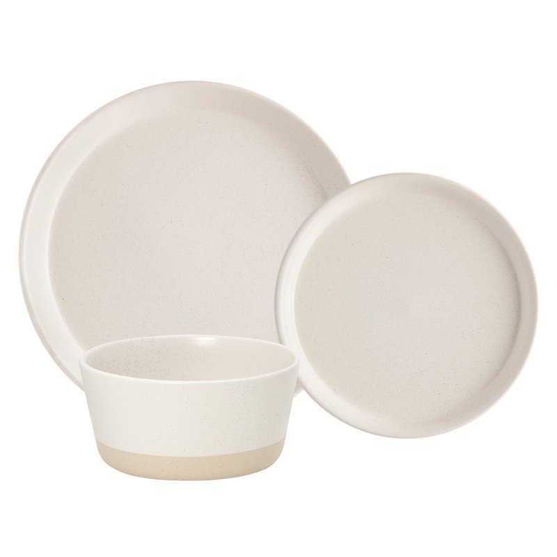 Service de table 12 pièces pour 4 personnes, ensemble de vaisselle en grès crème deux tons, assiettes et bols modernes mouchetés, vaisselle rustique