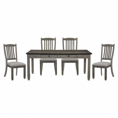 5-Piece Dining Set Table With 6X Drawers Upholstered 4X Side Chairs Casual Country Style
