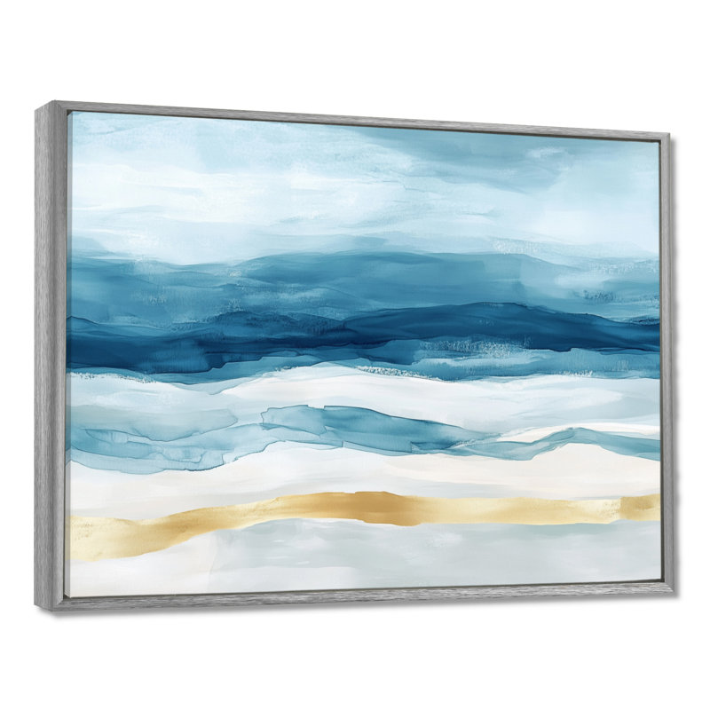 Tropical Wave Wall Art, Blue Gold Ocean Canvas, Blue Tropical Beach Ripples, H 24 po x l 32 po, Encadrement argenté