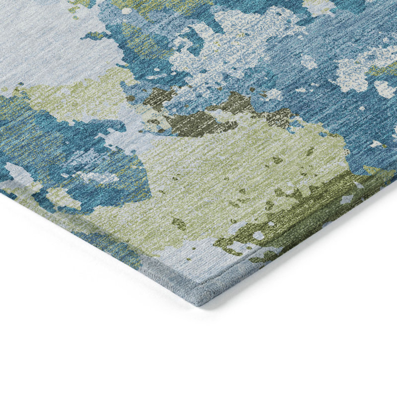Tapis extérieur lavable abstrait bleu et vert olive 10 pi x 14 pi, Rectangle 10 pi x 14 pi