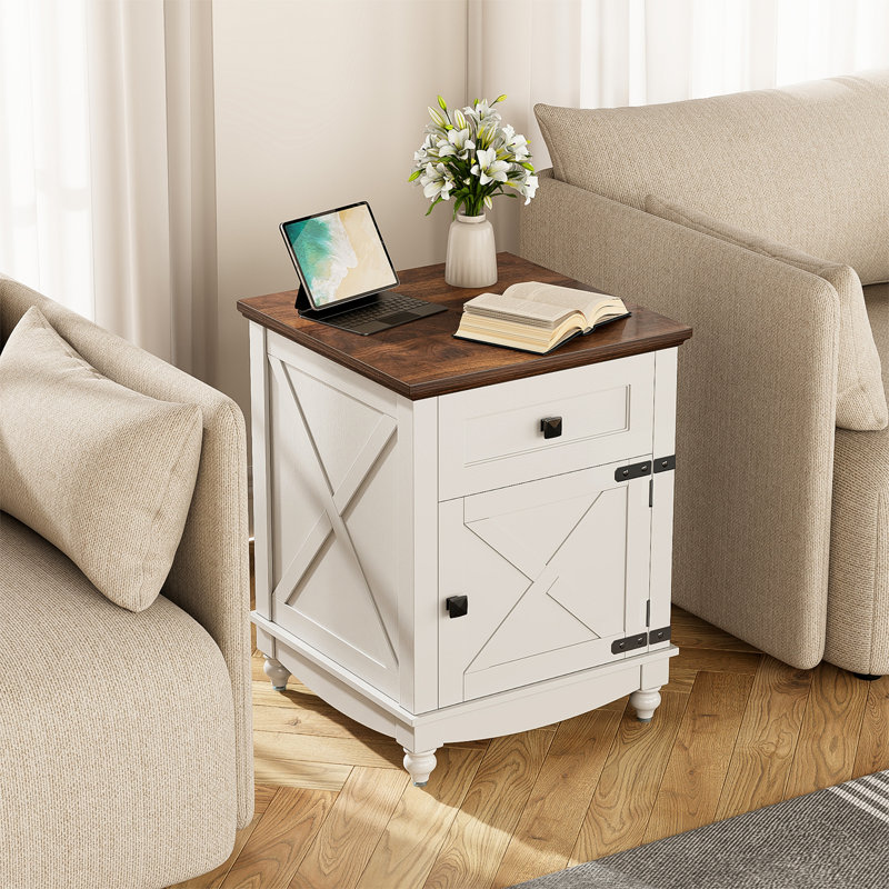 Farmhouse End Table, Side Table, Nightstand With Adjustable Shelf And Drawer