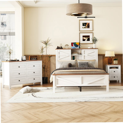 Ensemble de chambre à coucher 3 pièces avec lit plateforme pleine grandeur avec tête de lit double à porte coulissante et station de charge, table de chevet et commode, blanc et brun
