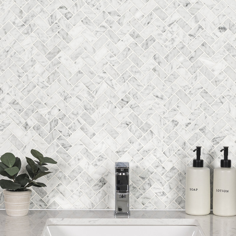 Carrara White Herringbone 12 in. x 12 in. Honed Marble Mosaic Floor and Wall Tile