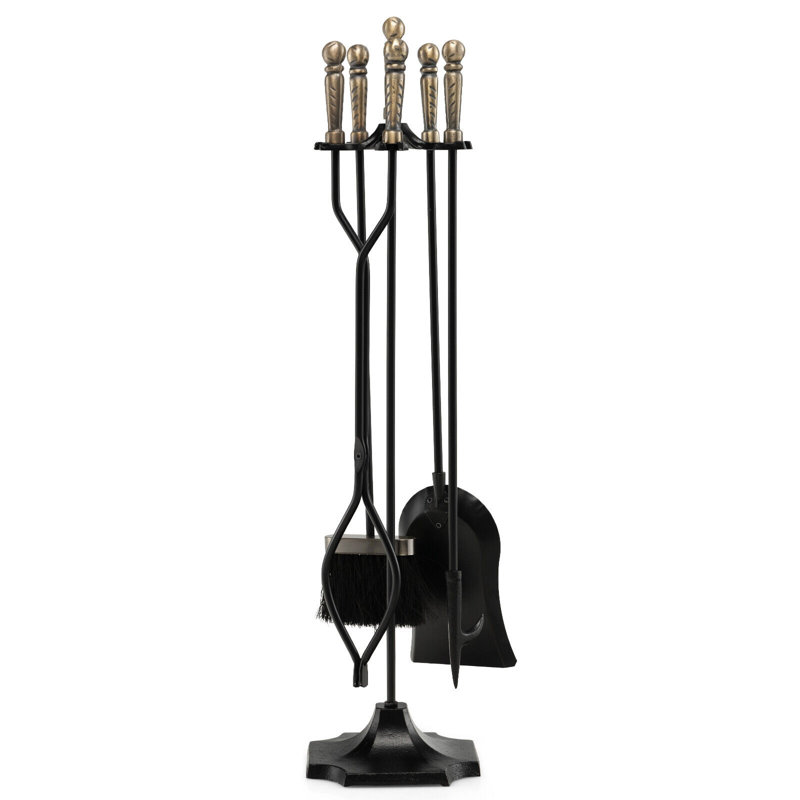 Heavy Duty Black Iron 5-Piece Fireplace Tool Set with Brass Handles
