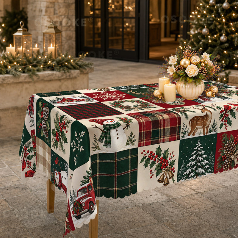 Christmas Patchwork Tablecloth with Snowman Reindeer Plaid and Red Truck Patterns Holiday Decor, 55" W x 70" L