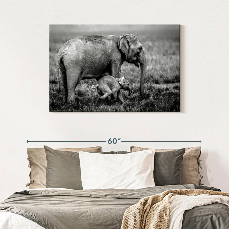 Brampt Elephant And Its Young In Assam, 30" H x 45" W