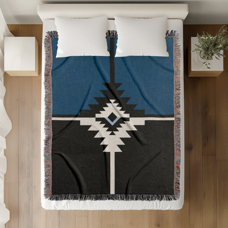 Jeté en mélange de coton Asko South Western, L 60 po x l 60 po, Bleu / noir / blanc cassé