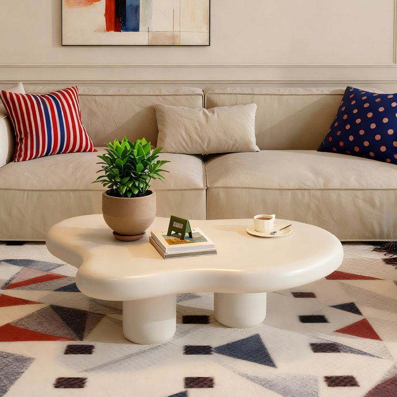 Cloud-Shaped Coffee Table, Modern Side Table with Triangular Base for Living Room, White