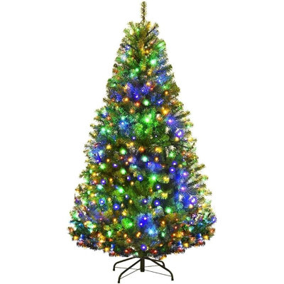 Goplus 5FT Pre-Lit Artificial Christmas Tree, Hinged Spruce Full Tree with 150 LED Multicolor Lights, 11 Lighting Modes, 600 PVC Branch Tips, Foldable Base for Indoor Home & Office Decor