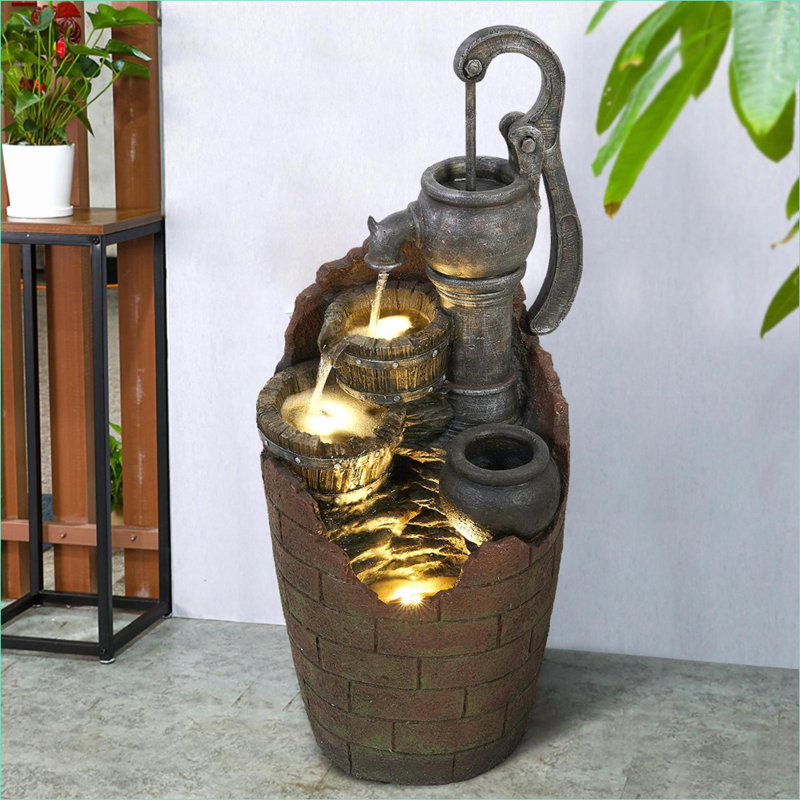 Fountains, 4-Tier Rustic Cascading Fountain for Outdoor Garden &amp; Indoor Use, With LED Lights, 32.6" H | Tan Brown | Resin