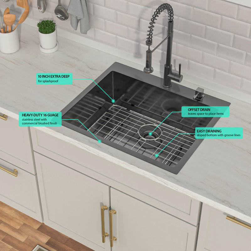 28" L x 22" W Drop-in Kitchen Sink 16 Gauge Stainless Steel Kitchen Sink Topmount Single Bowl Sink, Gunmetal Black
