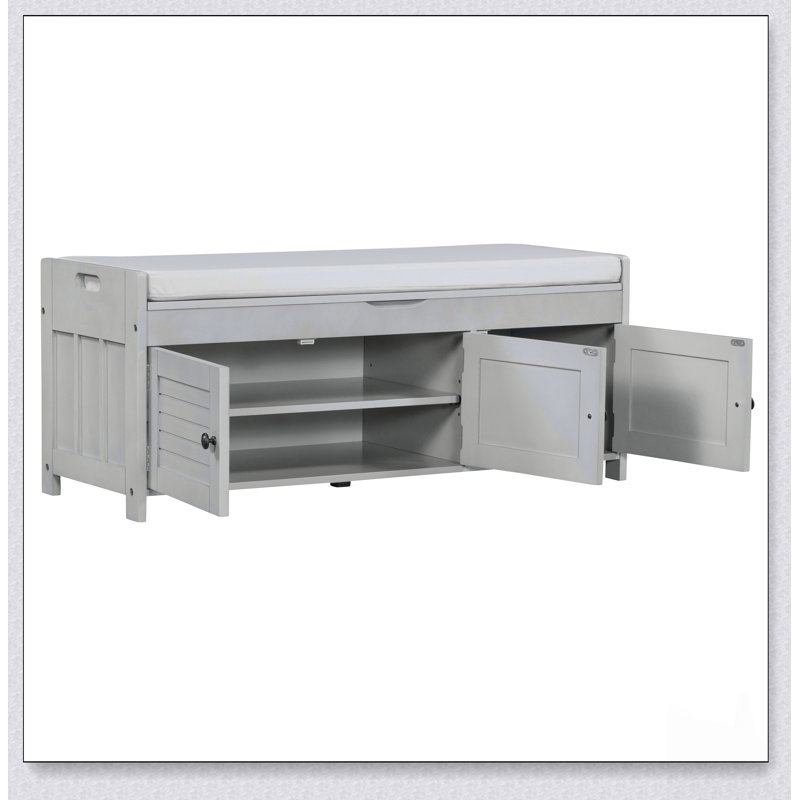 Banc de rangement avec 3 portes en forme de volet, range-chaussures avec coussin amovible et rangement dissimulé, Grey Wash