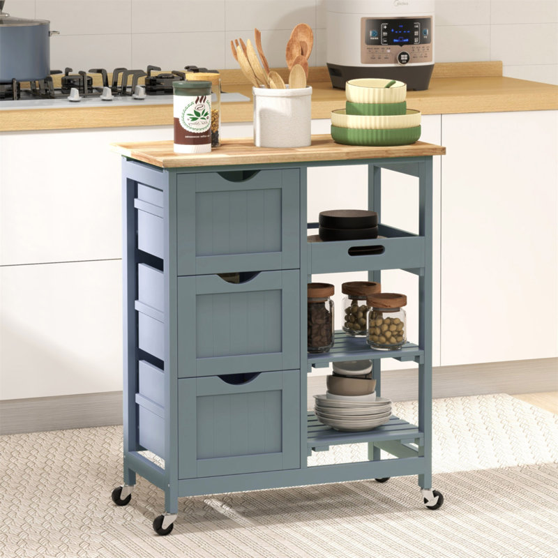 Rolling Kitchen Island Cart, Bar Serving Cart, Compact Trolley On Wheels With Wood Top, Shelves & Drawers For Home Dining Area