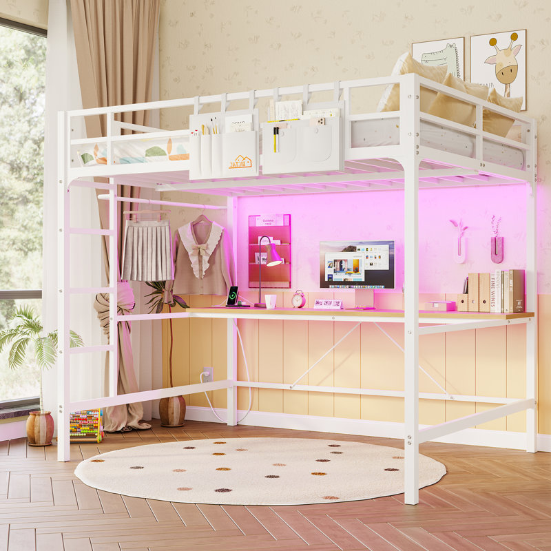 Full Size Loft Bed With Desk And Led Light, Metal Full Size Loft Bed With Power Outlet, Full Size Bed Frame With Upper Bunk, Safety Guard And Ladder, Space Saver,