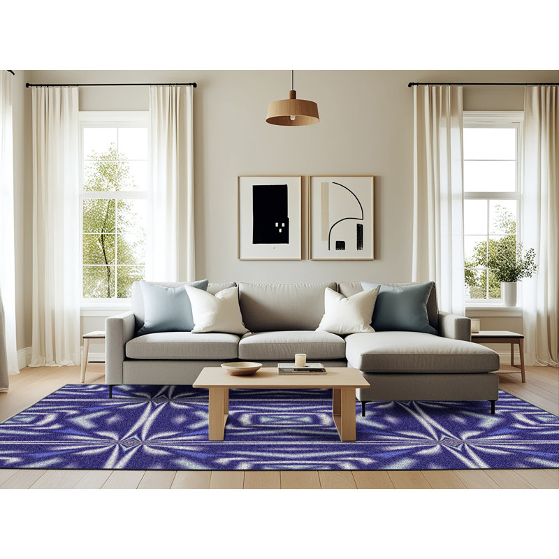 Tapis bleu/ivoire tissé à la machine, Rectangle 6 pi x 9 pi