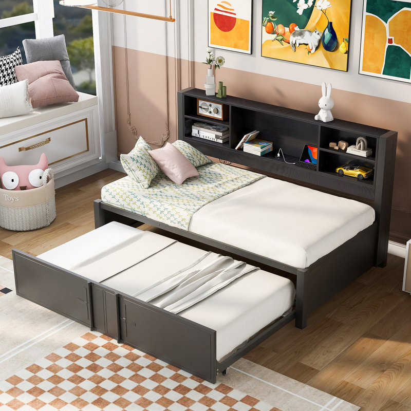 Lit de jour avec couchette Avreigh, lit plateforme avec couchette et tablettes en métal, ports USB, Noir
