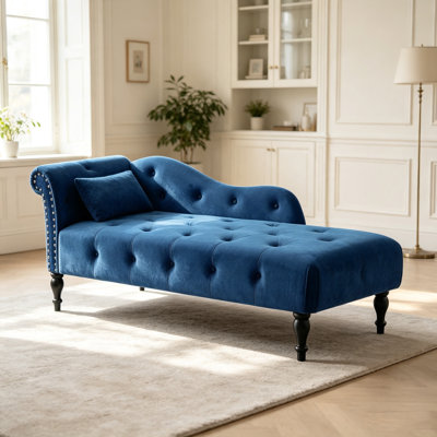 Aijia 60.6" Velvet Chaise Lounge Buttons Tufted Nailhead Trimmed Solid Wood Legs with 1 Pillow,Blue (Left Arm Design as Shown in the Picture)