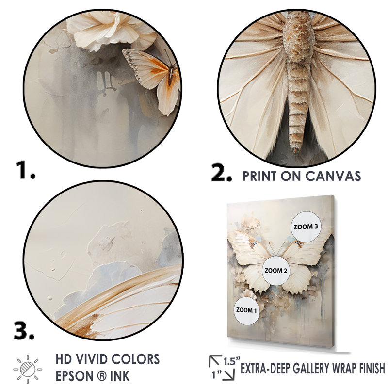 Minimalisme, papillon beige - art mural papillon, H 20 po x l 12 po x P 1 po, Cadre simple blanc