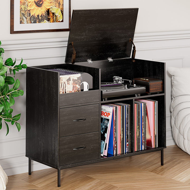 Support pour tourne-disque avec prise de courant et couvercle rabattable, Noir