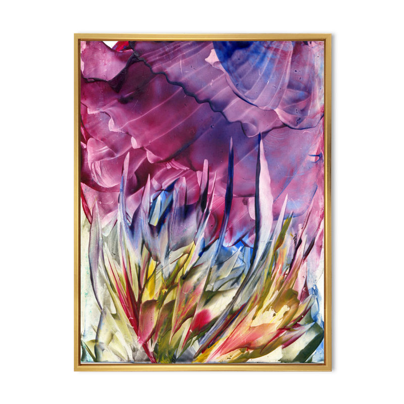Fleurs mauves - Marbre liquide - Peinture, H 36 po x l 24 po x P 1 po, Cadre flottant doré