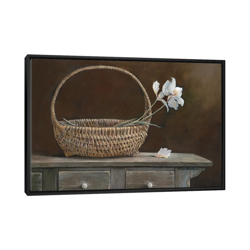 «Wicker & Orchids», reproduction d'art sur toile, H 40 po x l 60 po x P 1,5 po, Toile avec cadre noir, Blanc