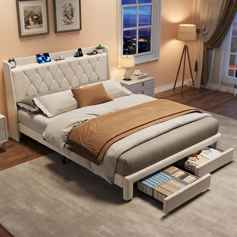 Cadre de lit Queen avec rangement, cadre de lit plateforme recouvert de velours avec tête de lit capitonnée en cristal, station de recharge, 2 tiroirs, sans sommier, silencieux, pour chambre à coucher, ivoire