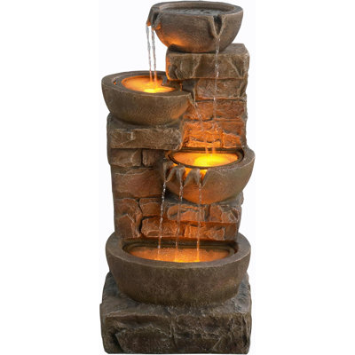 Brown Outdoor Cascading Bowl Water Fountain With LED Lights Stacked Rock Design For Patio Garden Deck