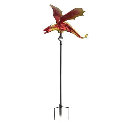 46" Metal Flying Dragon Outdoor Garden Stake with Spring Bouncing Action and Weather Resistant Multicolored Finish - Red