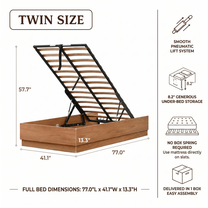Lit plateforme moderne en bois sans tête de lit, avec sommier à gradins et rangement relevable, 1 place, brun clair