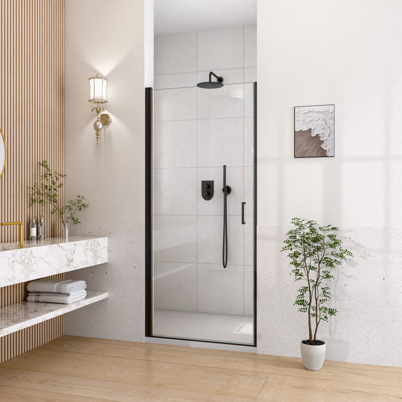 Semi - Pivot Shower Door Matte Black, 32" W 72" H, 6Mm / , Reversible Left/Right, Zero Leakage Design Door, X 1/4"  6Mm  Glass, Impact , Dual Layer Base Protection
