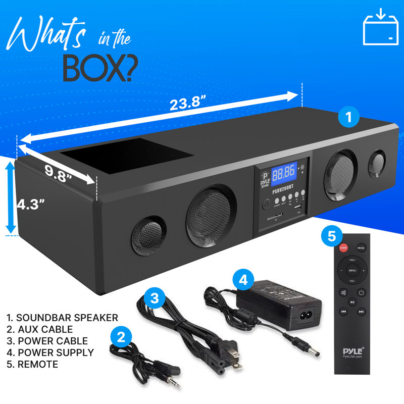 Barre de son Bluetooth Pyle 3D Surround - Système de sonorisation compatible avec les téléviseurs, USB, SD, radio FM avec entrée AUX 3,5 mm, télécommande, pour cinéma maison - PSBV200BT, noir