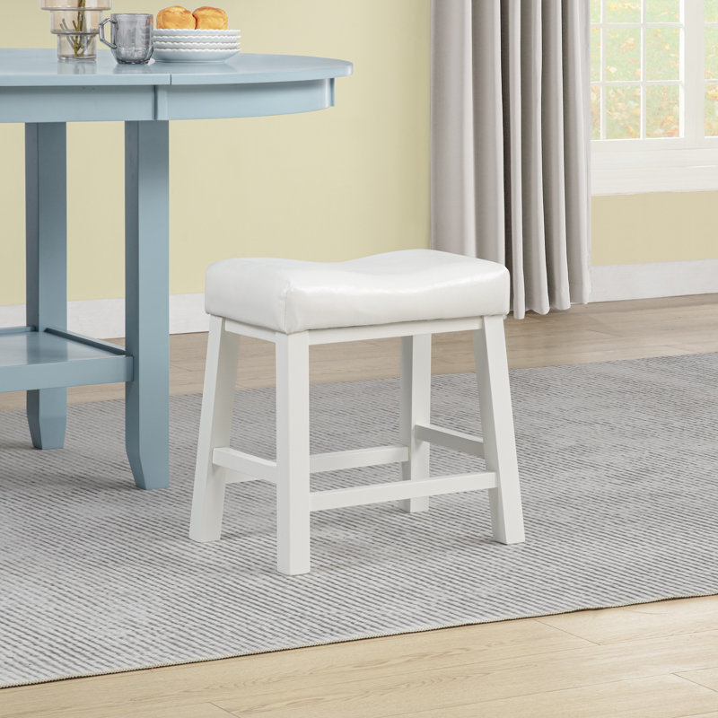 19" Solid Wood Backless Counter Stool with Pu Leather Upholstered Seat, White, White
