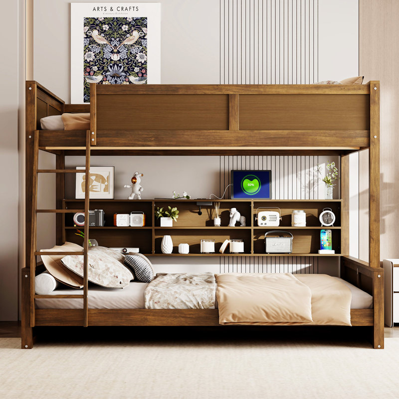 Full XL over Queen Bunk Bed with Storage Cabinets and USB Ports, Wood